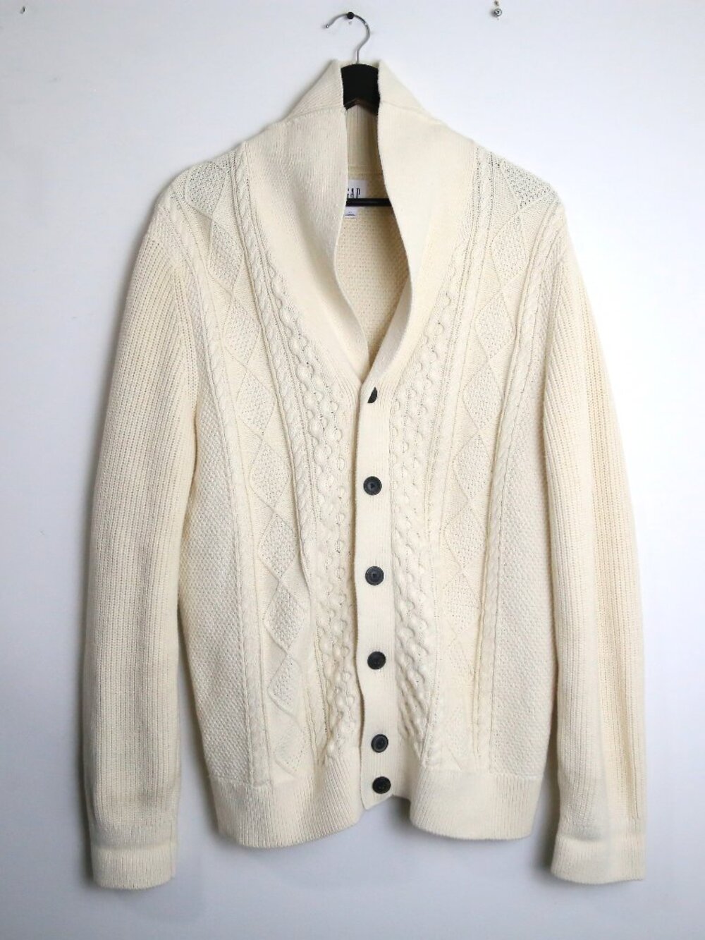 Gap Men's Cable-Knit Button Down Cream Cotton Cardigan Sweater Size Large